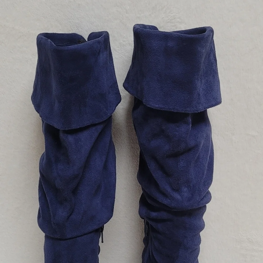 90s Vintage Skechers Blue Faux Suede Cuffed Tapered Heel Knee High Slouch Boots